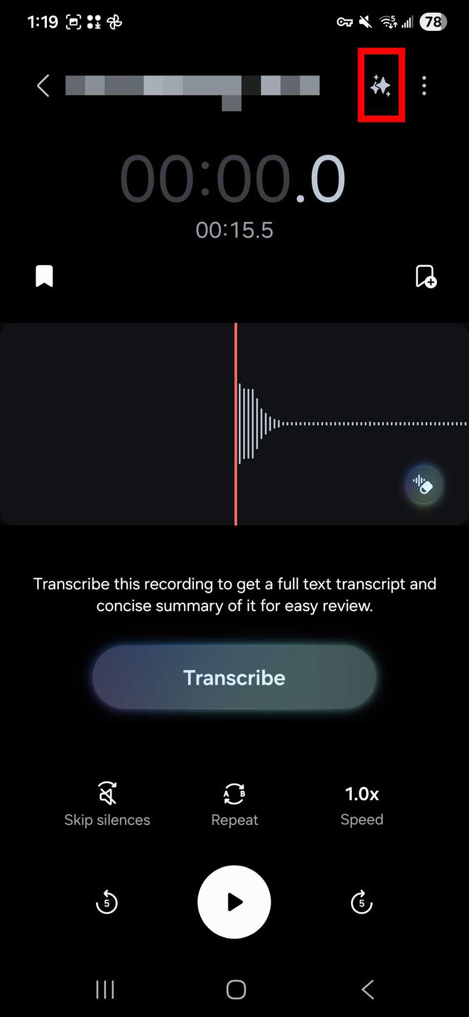 Red rectangle outline highlighting the AI button in the top right corner of an opened recording in the Voice Recorder app