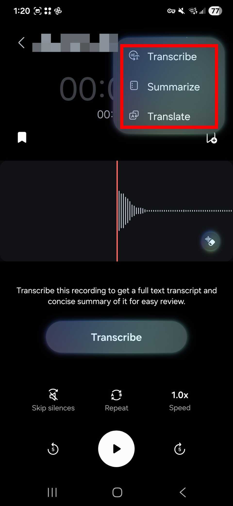 How to record calls on the Galaxy S25 26 Red rectangle outline highlighting 'Transcribe' 'Summarize' 'Translate' after tapping on the AI button in the Voice Recorder app