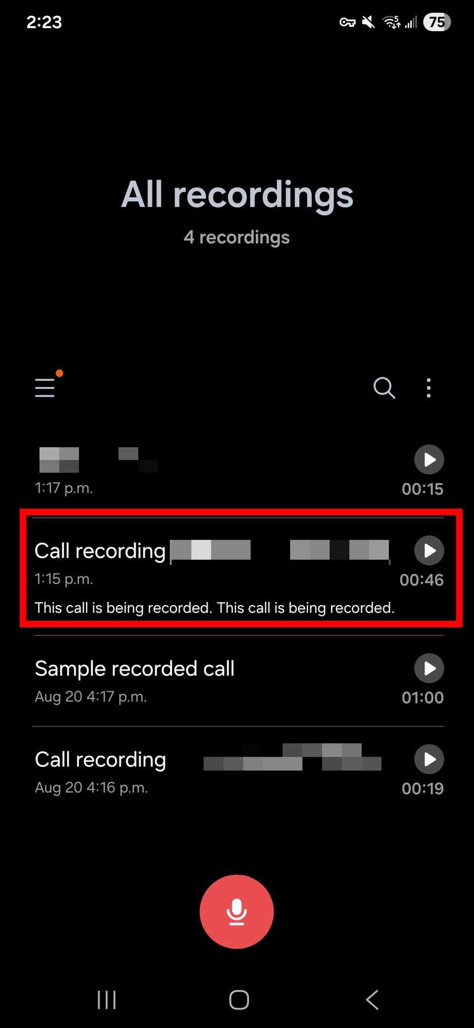 Red rectangle outline highlighting a call recording entry in the Voice Recorder app under All recordings list