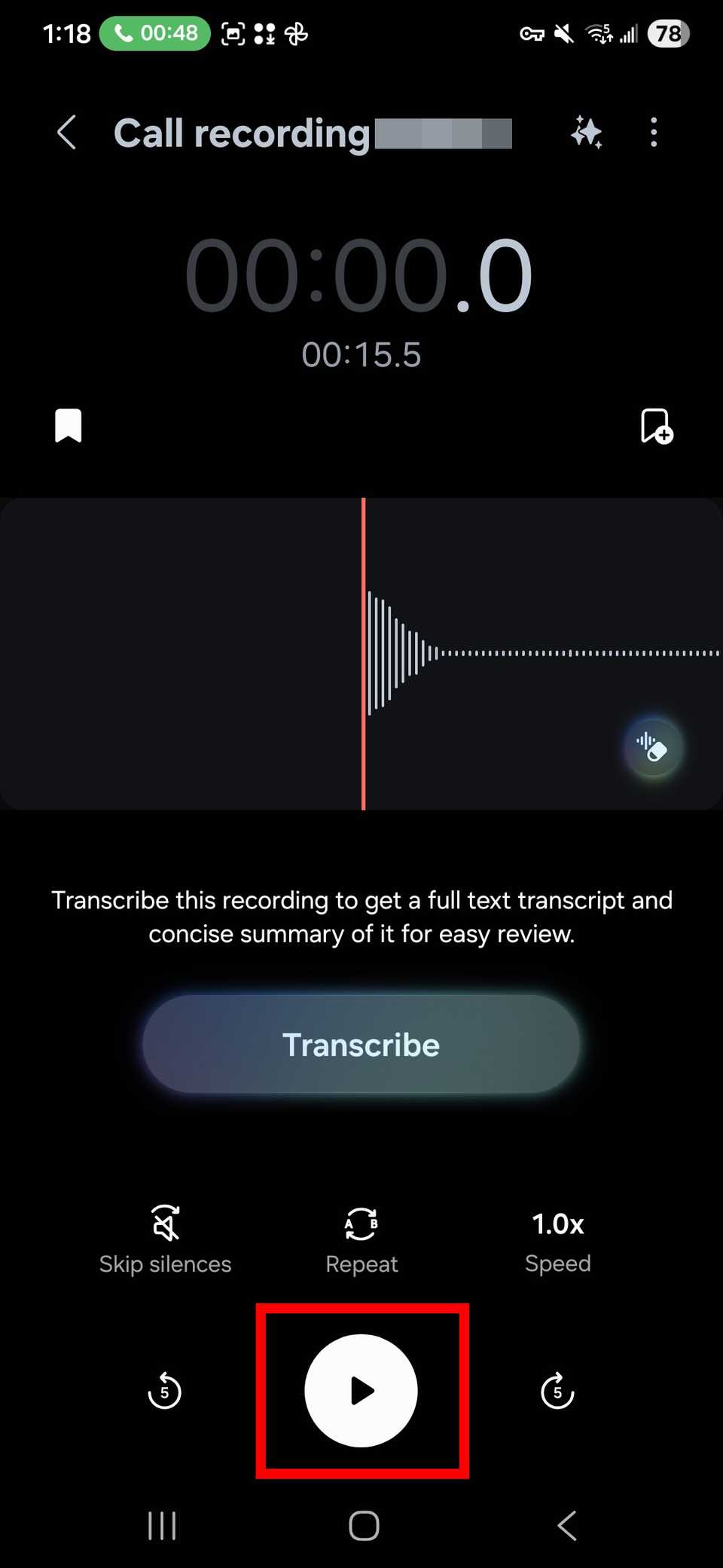 How to record calls on the Galaxy S25 14 Red rectangle outline highlighting the Play button in an opened voice recording in the Voice Recorder app