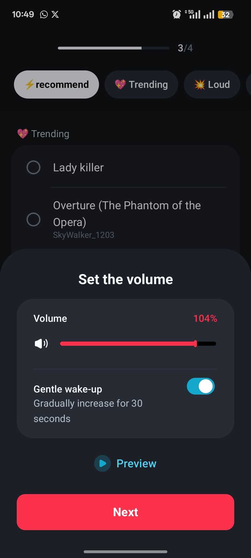 Menu showing red slider for volume adjustment and gentle wake-up feature