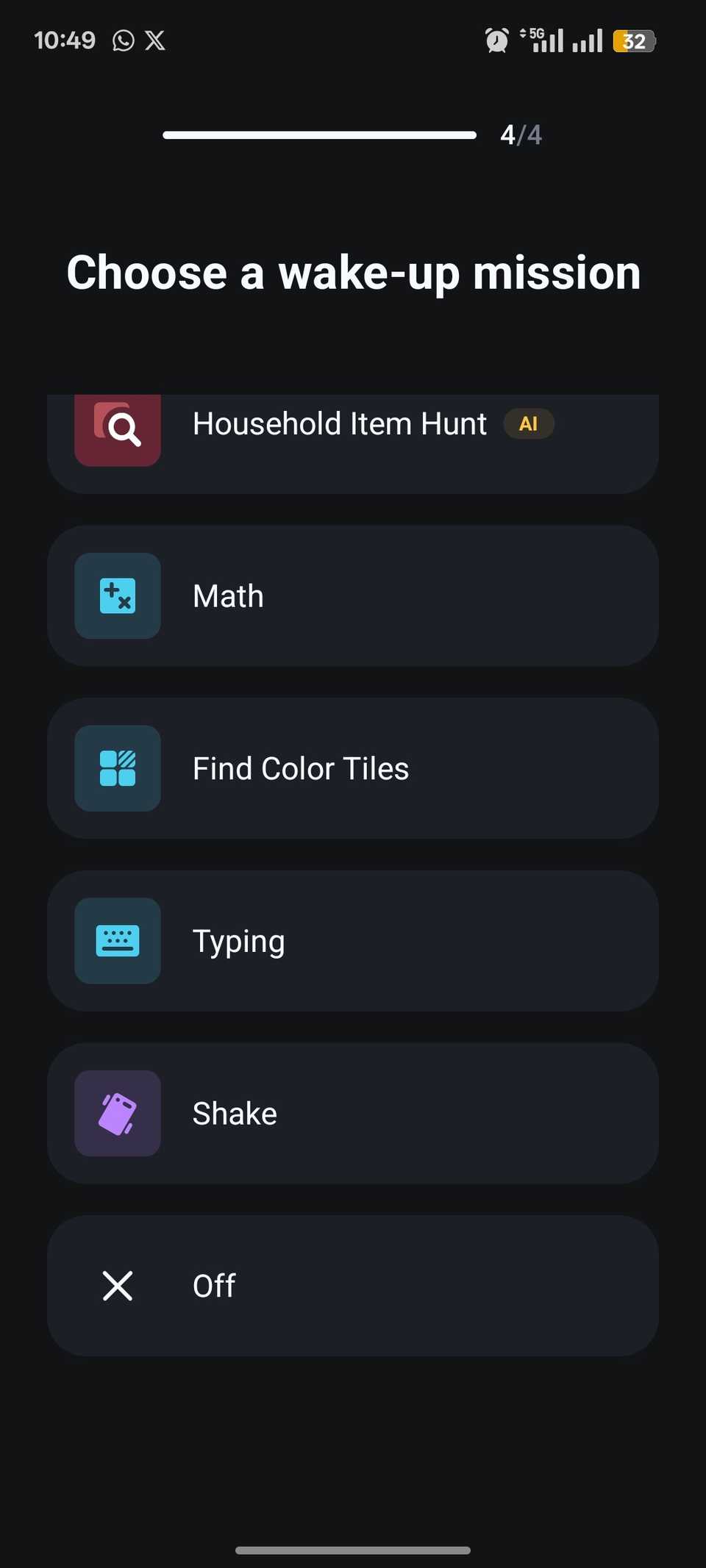 Menu che mostra l'elenco delle attività per il risveglio, tra cui matematica e ricerca di oggetti per la casa
