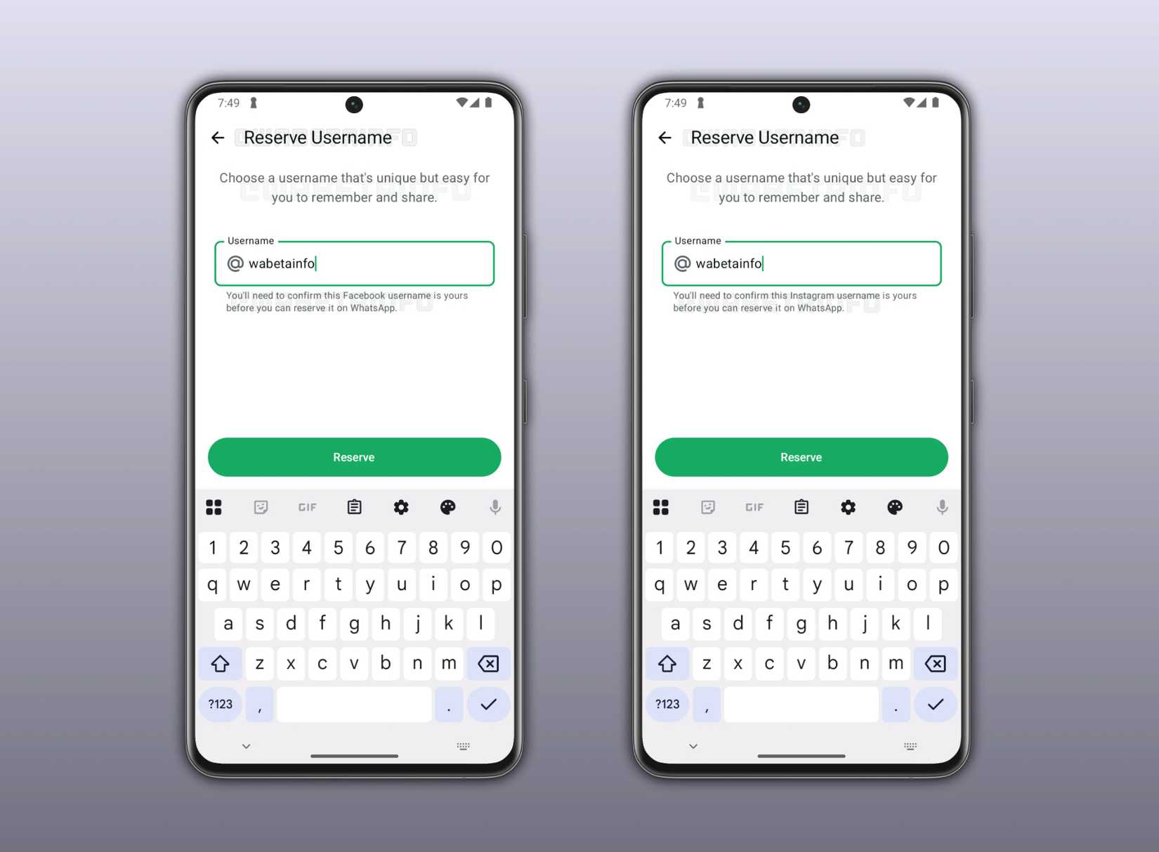Screenshots highlighting WhatsApp's username reservation process.