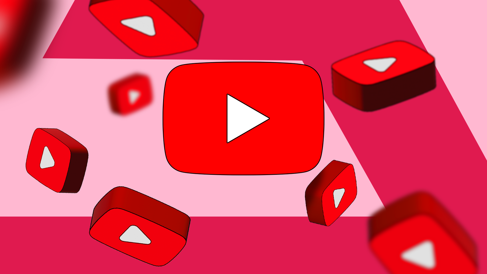 Multiple 3D YouTube logos floating over a pink and red background