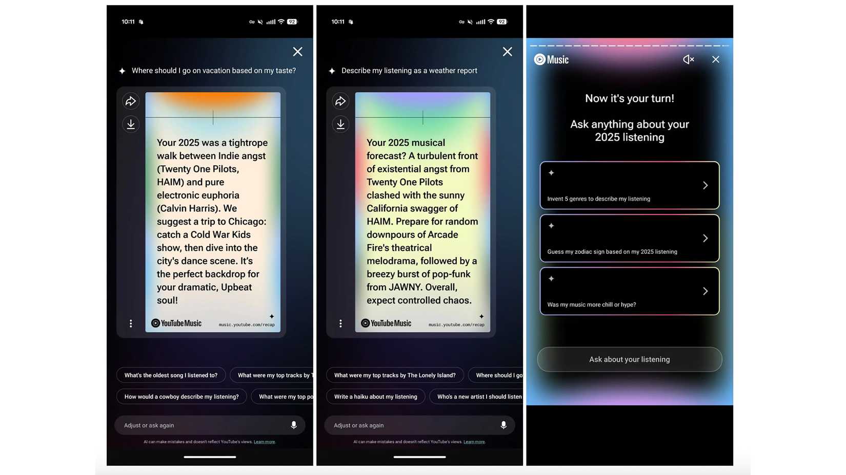 three screens showing 2025's YouTube Music Recap