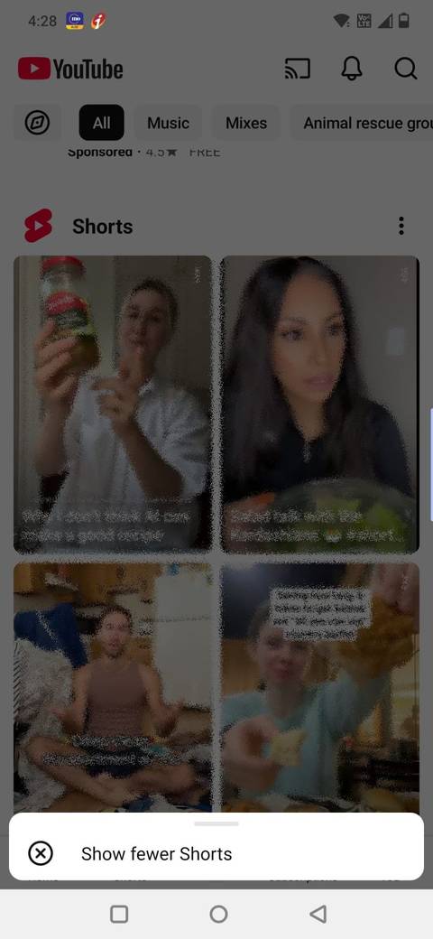 Screenshot showing Show Fewer Shorts in the YouTube app