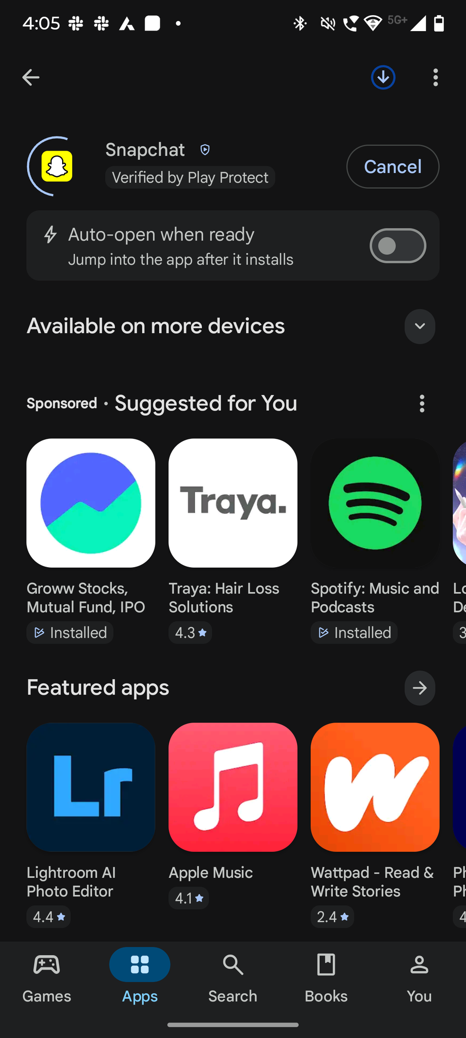 Schermata che mostra l'apertura automatica quando pronto e attiva/disattiva Google Play Store