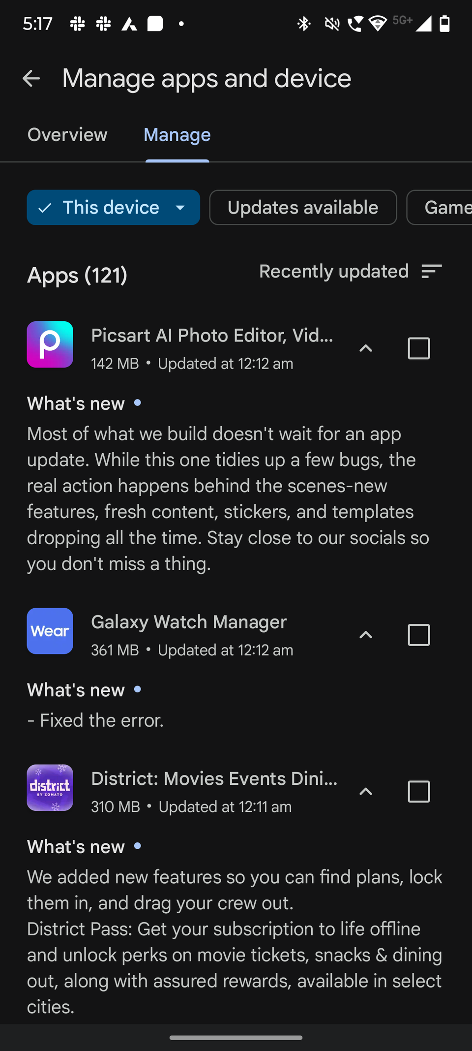 Screenshot che mostra la scheda Mange su Google Play Store