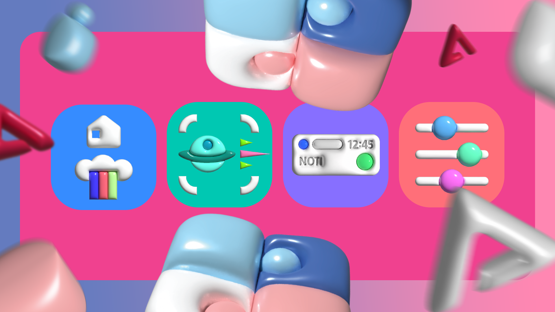Illustrazione 3D di quattro icone dell'app Samsung Good Lock: Home Up, Nice Shot, NotiStar e Sound Assistant, disposte orizzontalmente su uno sfondo rosa con forme astratte fluttuanti.