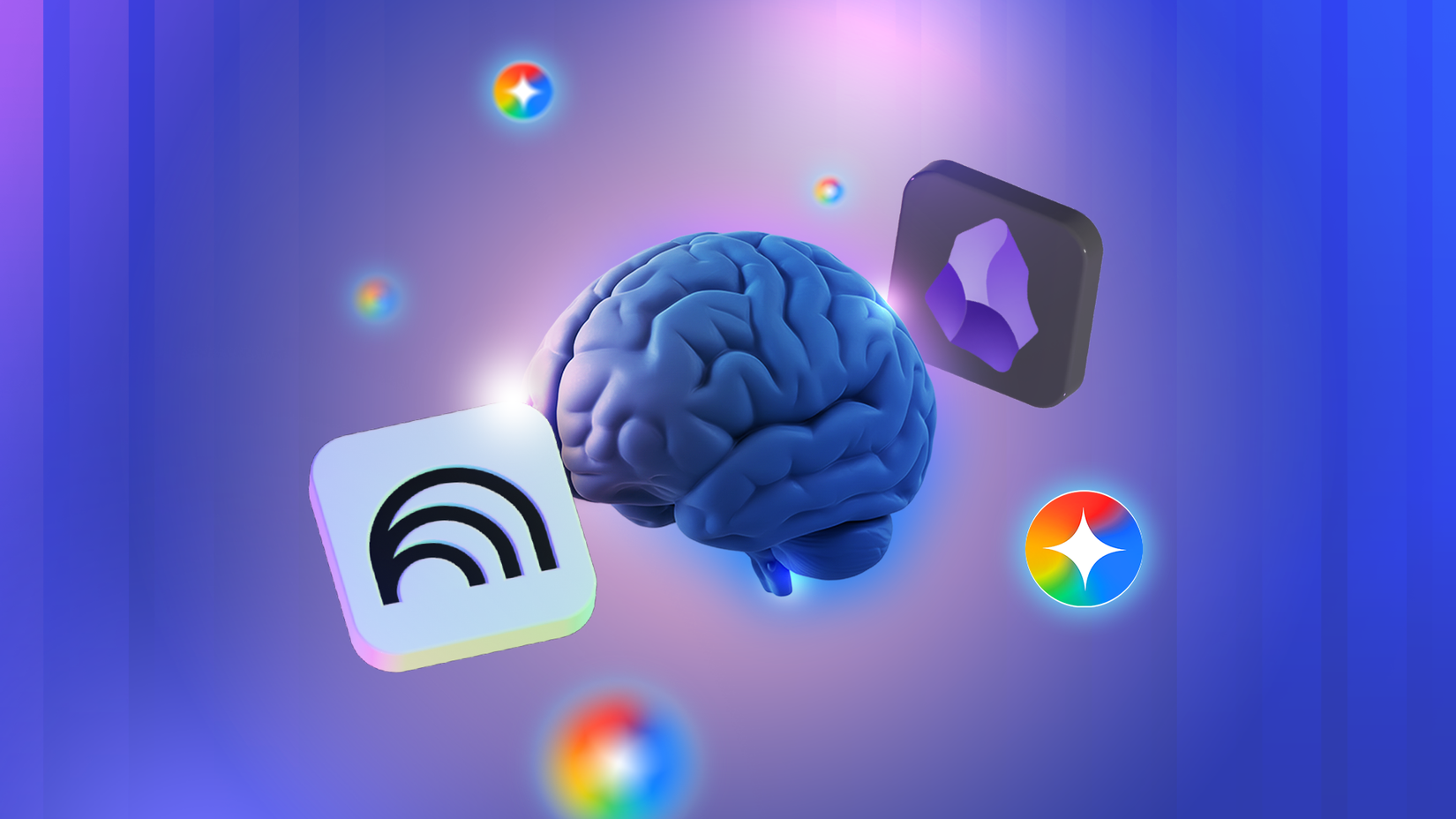 A 3D brain surrounded by floating icons representing NotebookLM, Gemini, and Obsidian, set against a glowing blue and purple background.