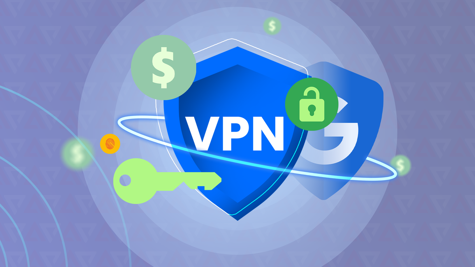 Um escudo VPN azul posicionado na frente do escudo VPN do Google, cercado por ícones flutuantes de uma chave, um cadeado e cifrões.