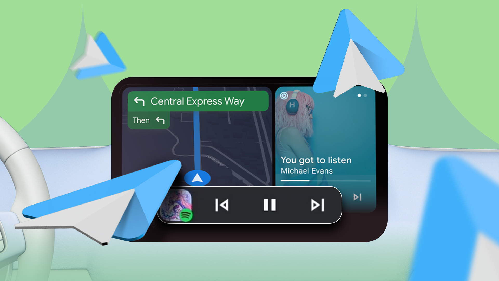 A car dashboard screen displaying a split view with a navigation map and a music player, featuring a media taskbar widget at the bottom, surrounded by Android Auto icons.