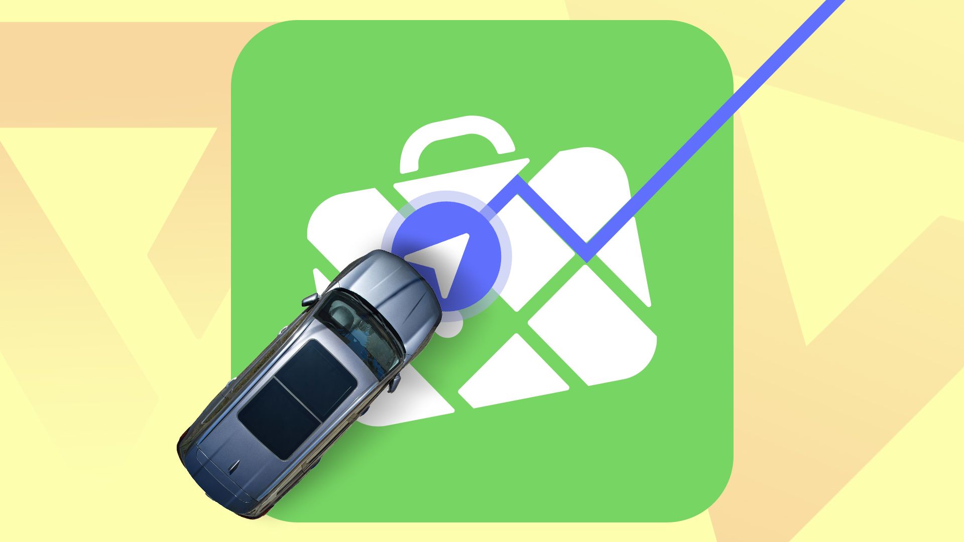 A car navigating across MAPS.ME icon with a blue route line, set against a light yellow geometric background.