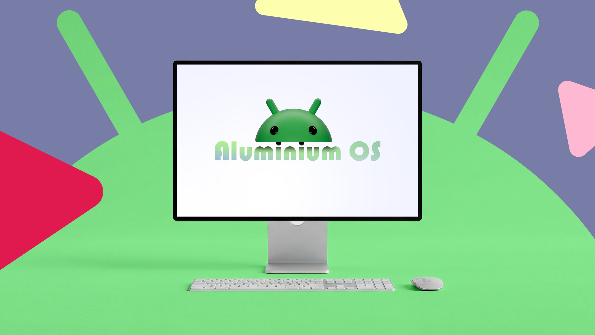 A desktop computer displaying the logo for 'Aluminium OS' with an Android head above the text, set against a colorful background.