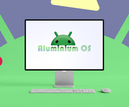 A desktop computer displaying the logo for 'Aluminium OS' with an Android head above the text, set against a colorful background.