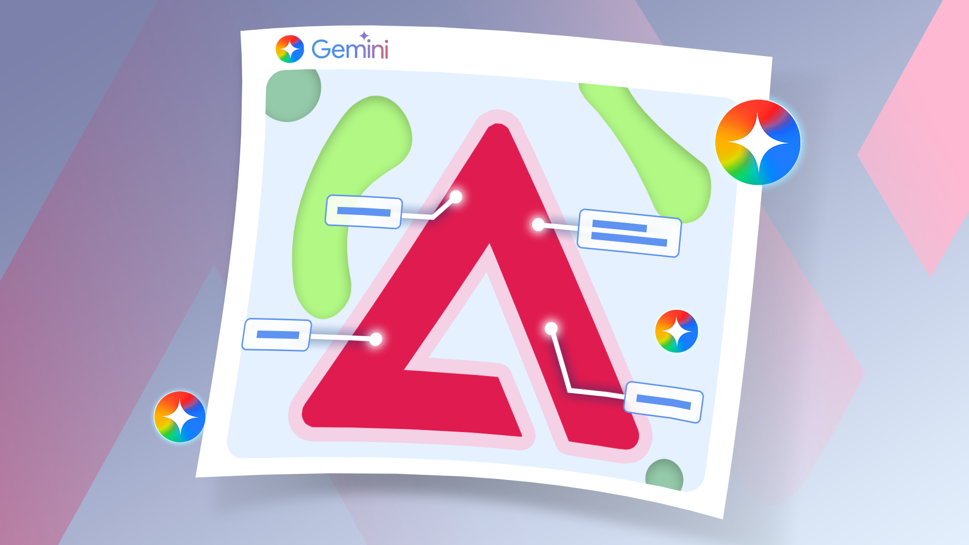 A diagram with annotations on a sheet of paper, and Google Gemini logos around.