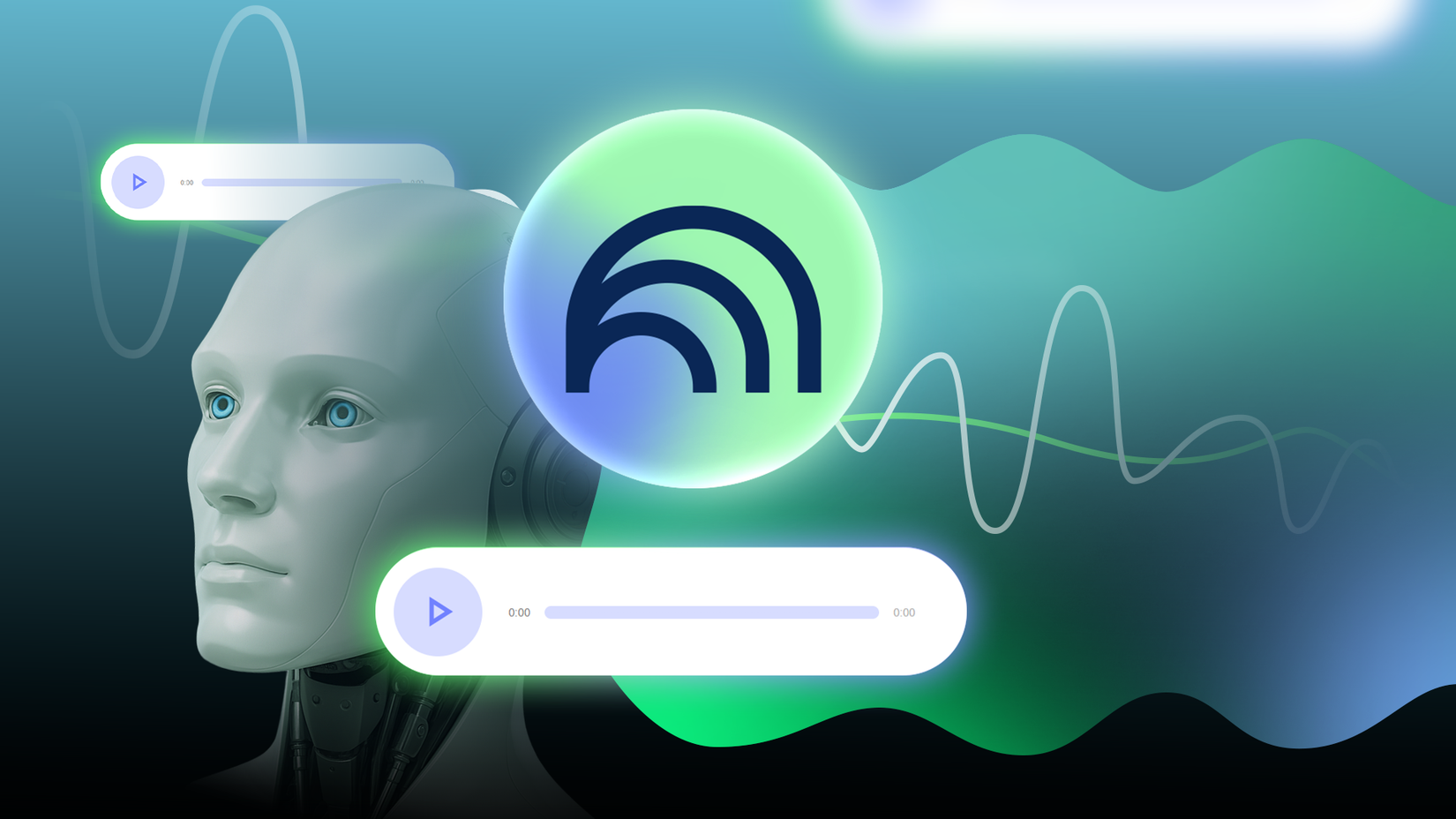 A futuristic robot beside the NotebookLM icon, surrounded by sound waves and audio playback bars.