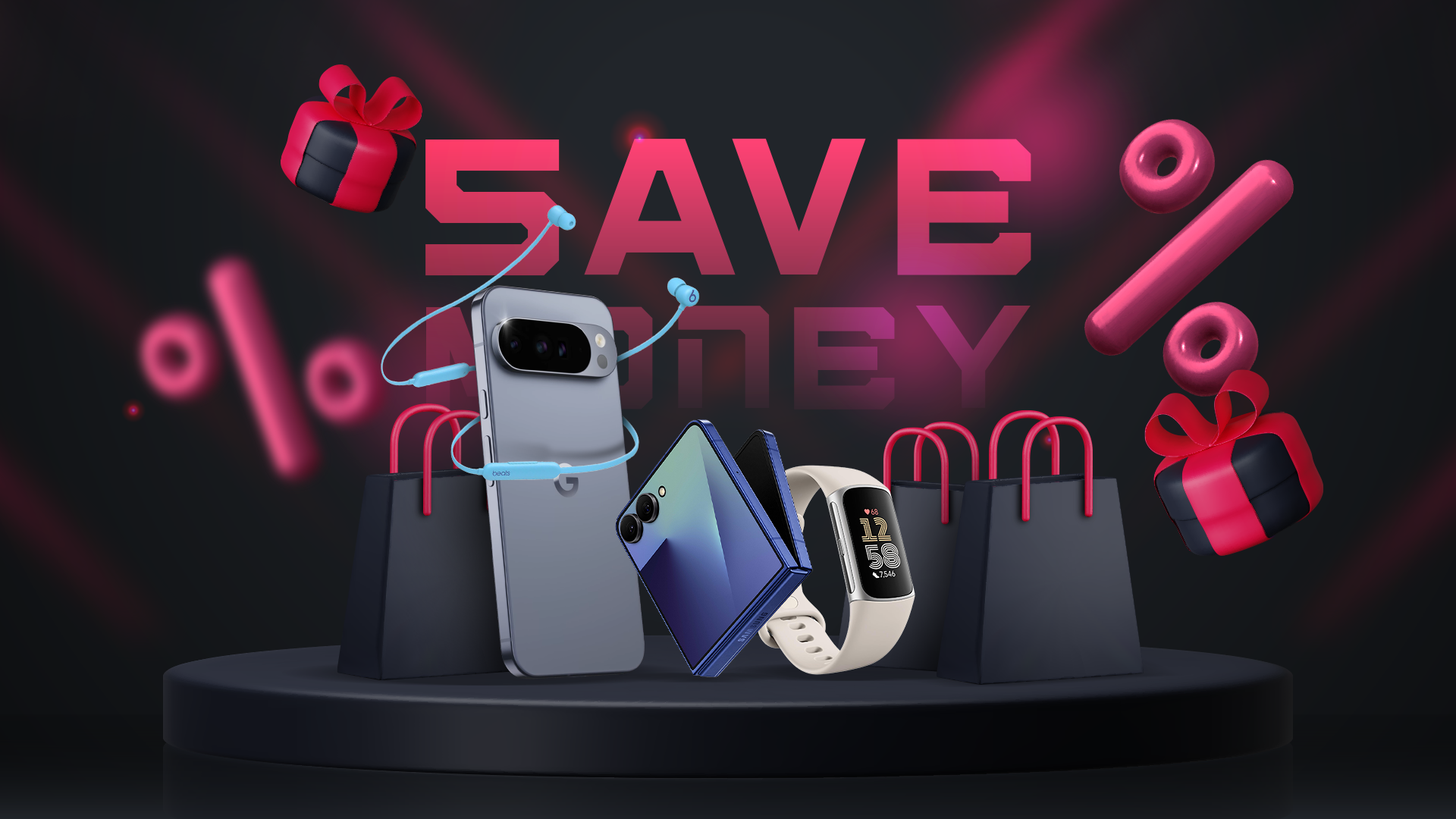 A Google Pixel 10, a Galaxy Z Fold 7, a Fitbit Charge 6, and Beats Flex wireless earphones displayed in front of shopping bags, gift boxes, and large percentage symbols, with the glowing words 'SAVE MONEY' in the background.