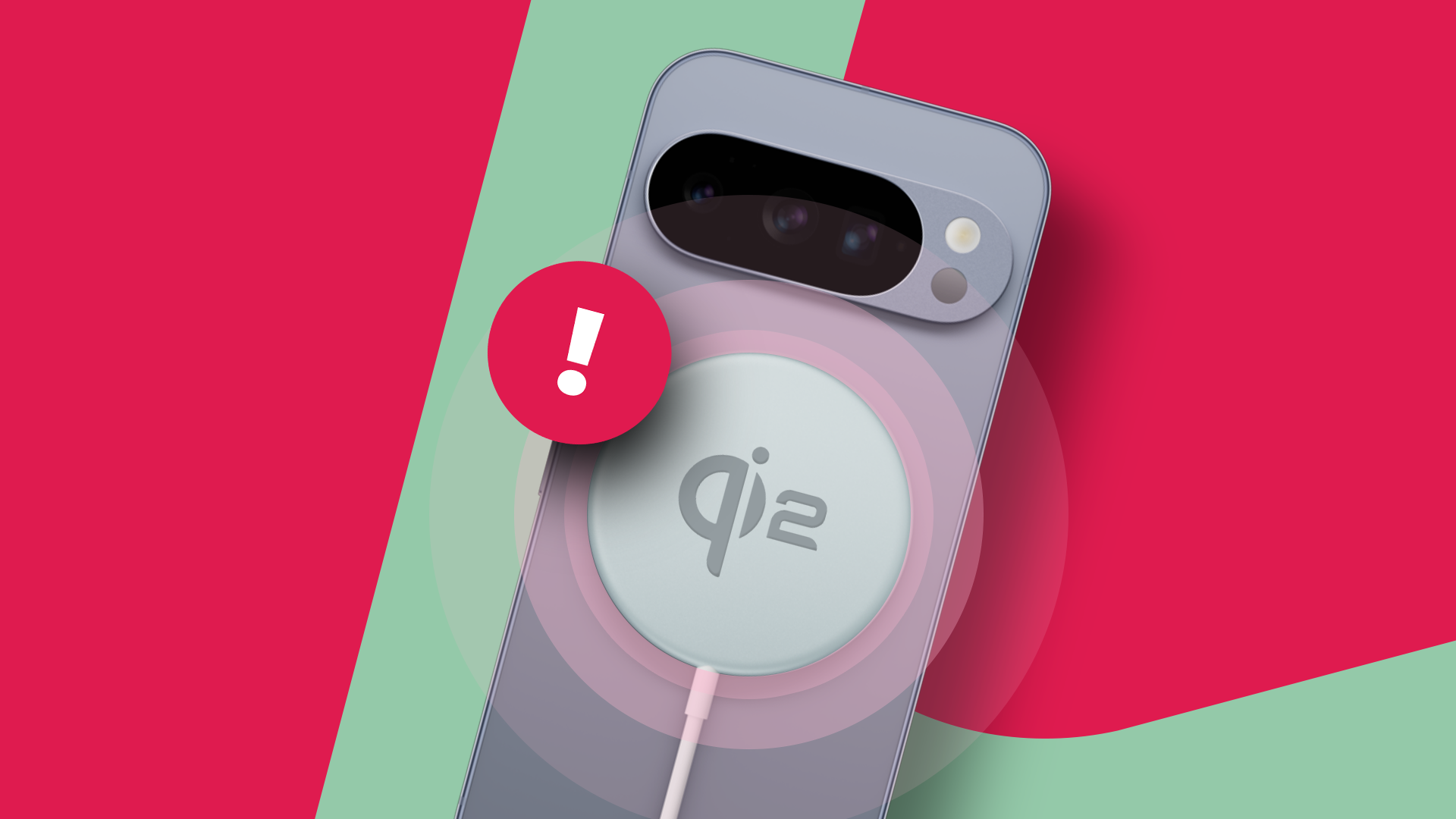 A Google Pixel charging via Qi2, with a large red circular warning sign overlaying the phone.