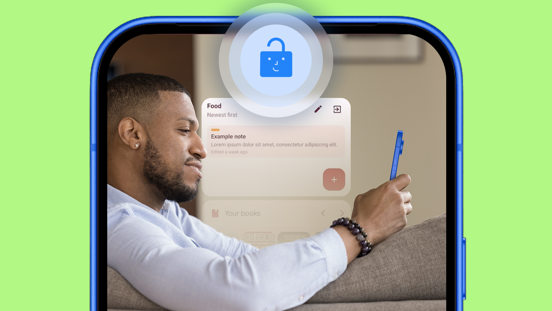 A Google Pixel screen displaying the Face Unlock icon overlaid on a man using his phone, obscuring the lock screen widgets behind it.