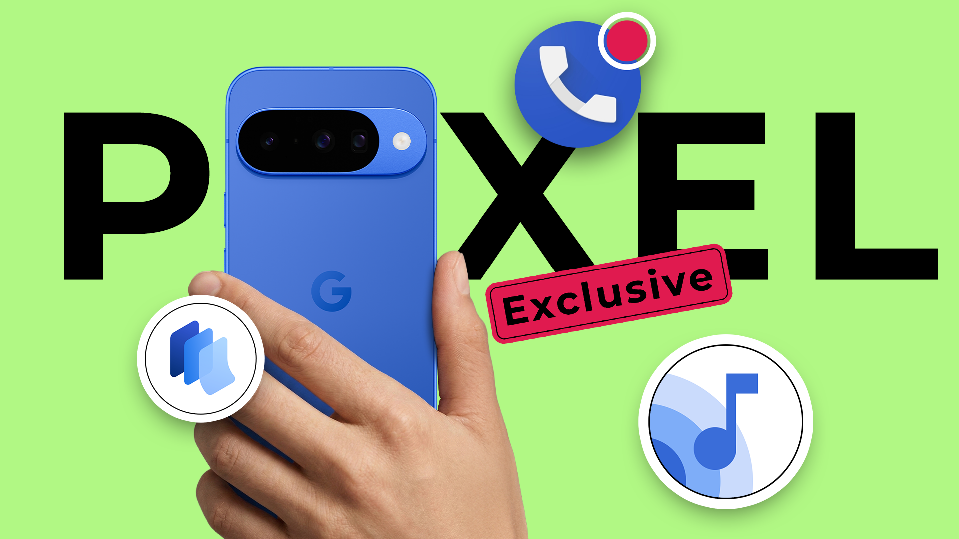 A hand holding a blue Google Pixel 10, surrounded by feature icons and a red 'Exclusive' label against a background with the word 'PIXEL'.