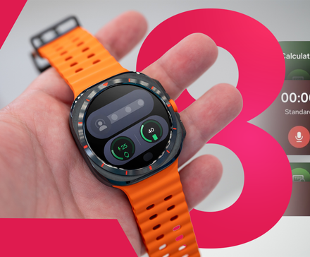 Γιατί κρατάω το Galaxy Watch 6 μου, παρόλο που το Watch 8 είναι καλύτερο Ένα χέρι που κρατά ένα Samsung Galaxy Watch Utra, εμφανίζει μια οθόνη με στοιβαγμένα πλακάκια και έναν μεγάλο αριθμό «8» στο φόντο.