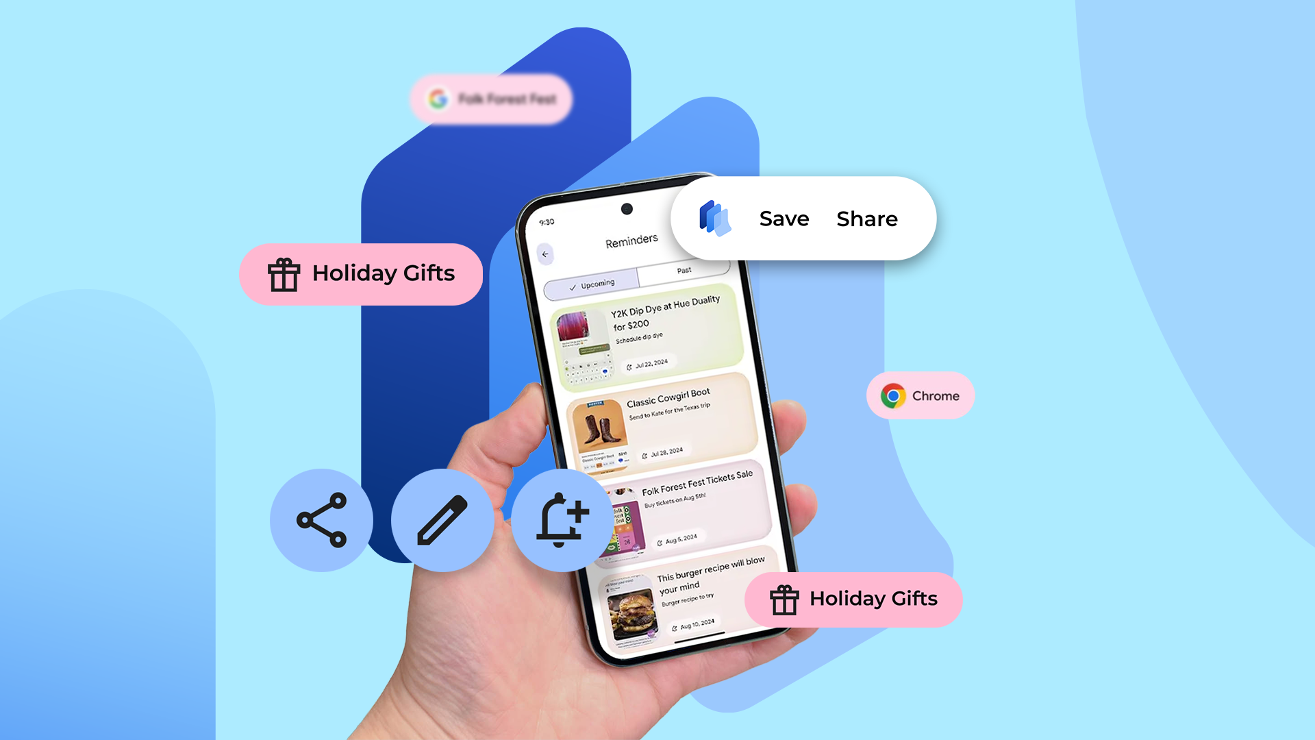 A hand holding a smartphone displaying organized reminders and gift ideas, surrounded by floating icons and labels related to saving, sharing, and holiday shopping.