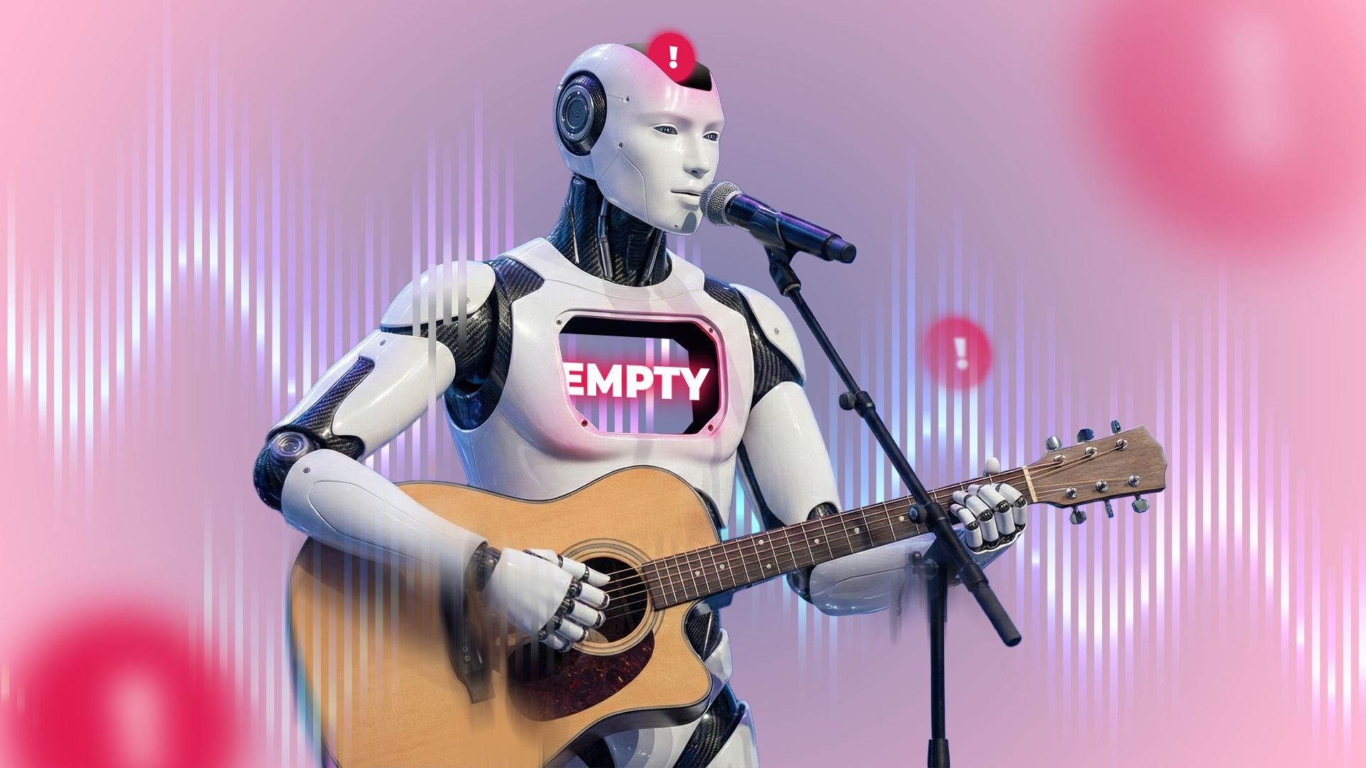 A humanoid robot playing an acoustic guitar and singing into a microphone, with the word 'EMPTY' glowing on its chest and a red exclamation mark above its head.