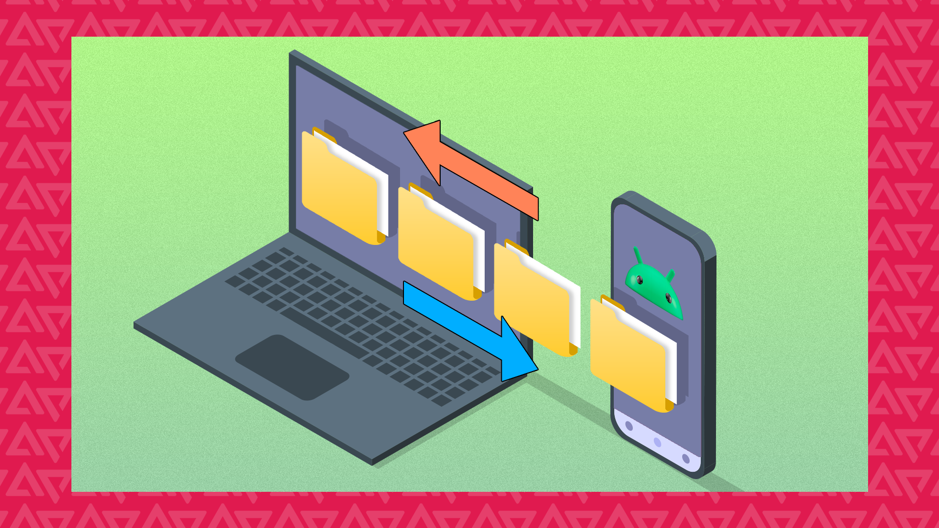 A laptop and an Android phone exchange yellow folders, shown with arrows pointing between the two devices.