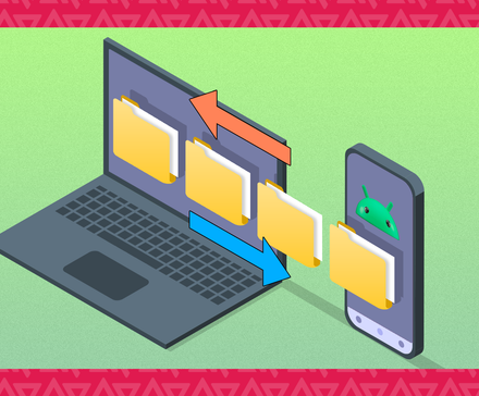 A laptop and an Android phone exchange yellow folders, shown with arrows pointing between the two devices.