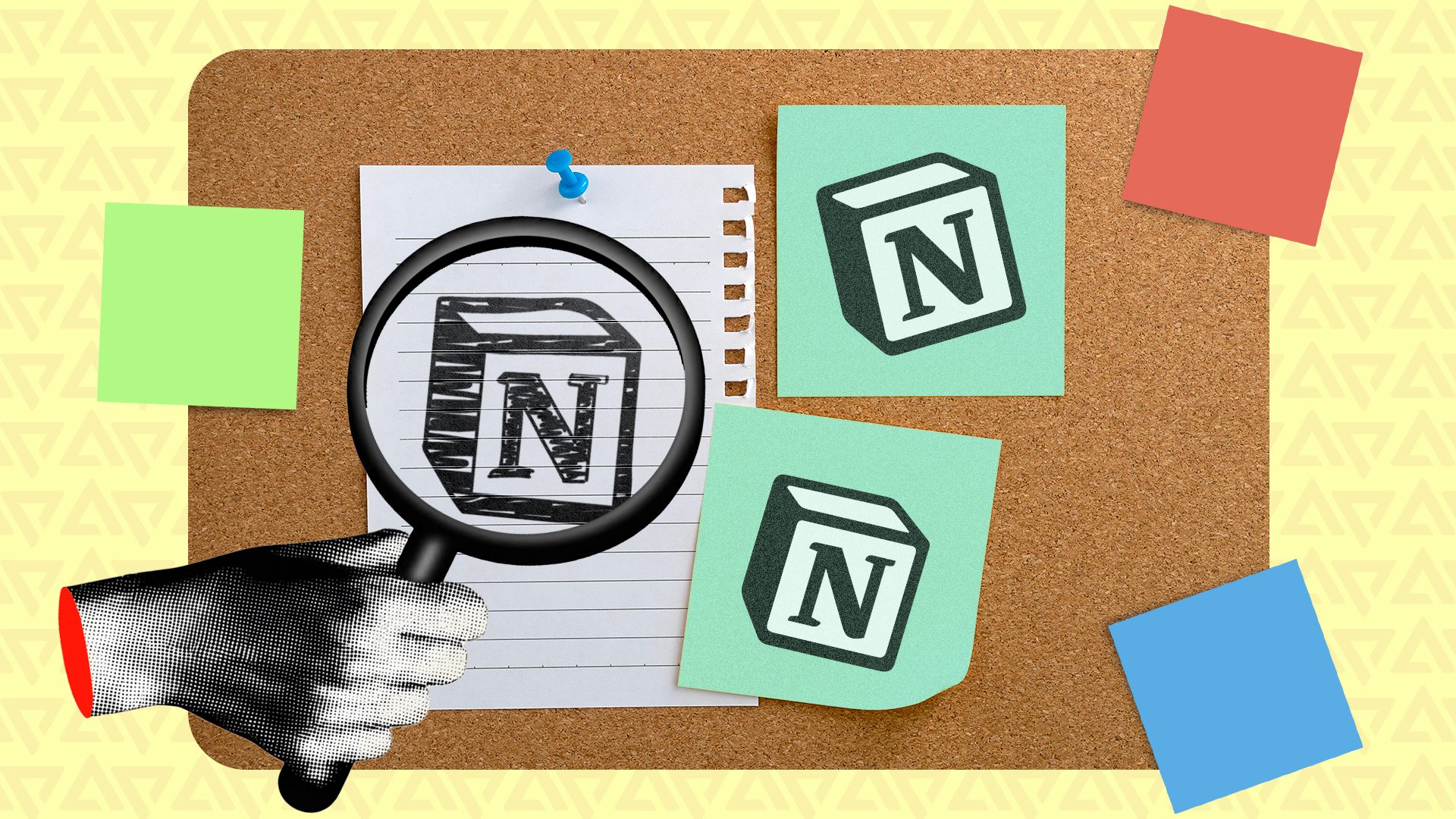 Uma lupa paira sobre um logotipo do Notion fixado em um quadro de cortiça, cercado por post-its coloridos.