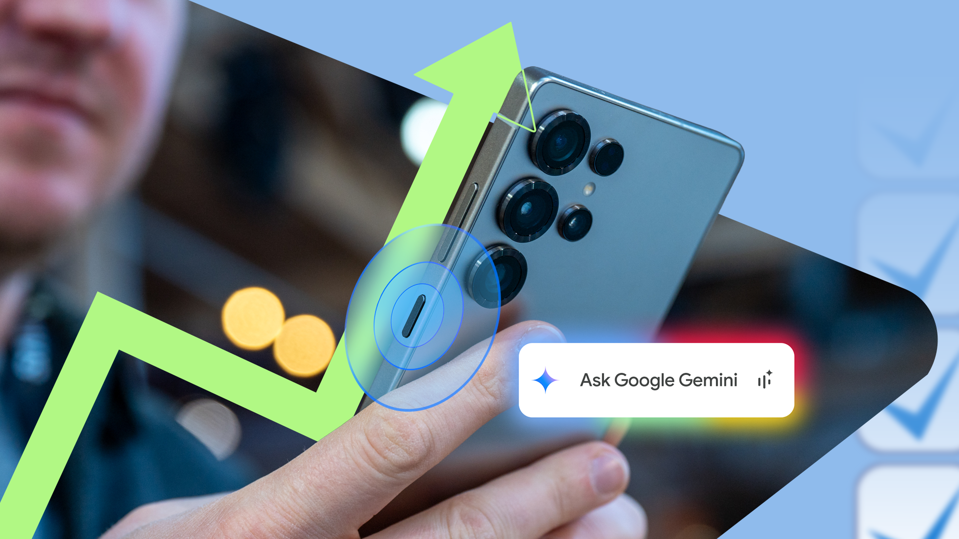 A person holds a Samsung Galaxy S25 while highlighting the side-button activation gesture, with a glowing 'Ask Google Gemini' prompt appearing beside the phone.