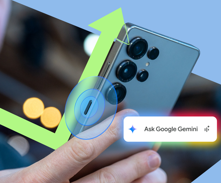 A person holds a Samsung Galaxy S25 while highlighting the side-button activation gesture, with a glowing 'Ask Google Gemini' prompt appearing beside the phone.