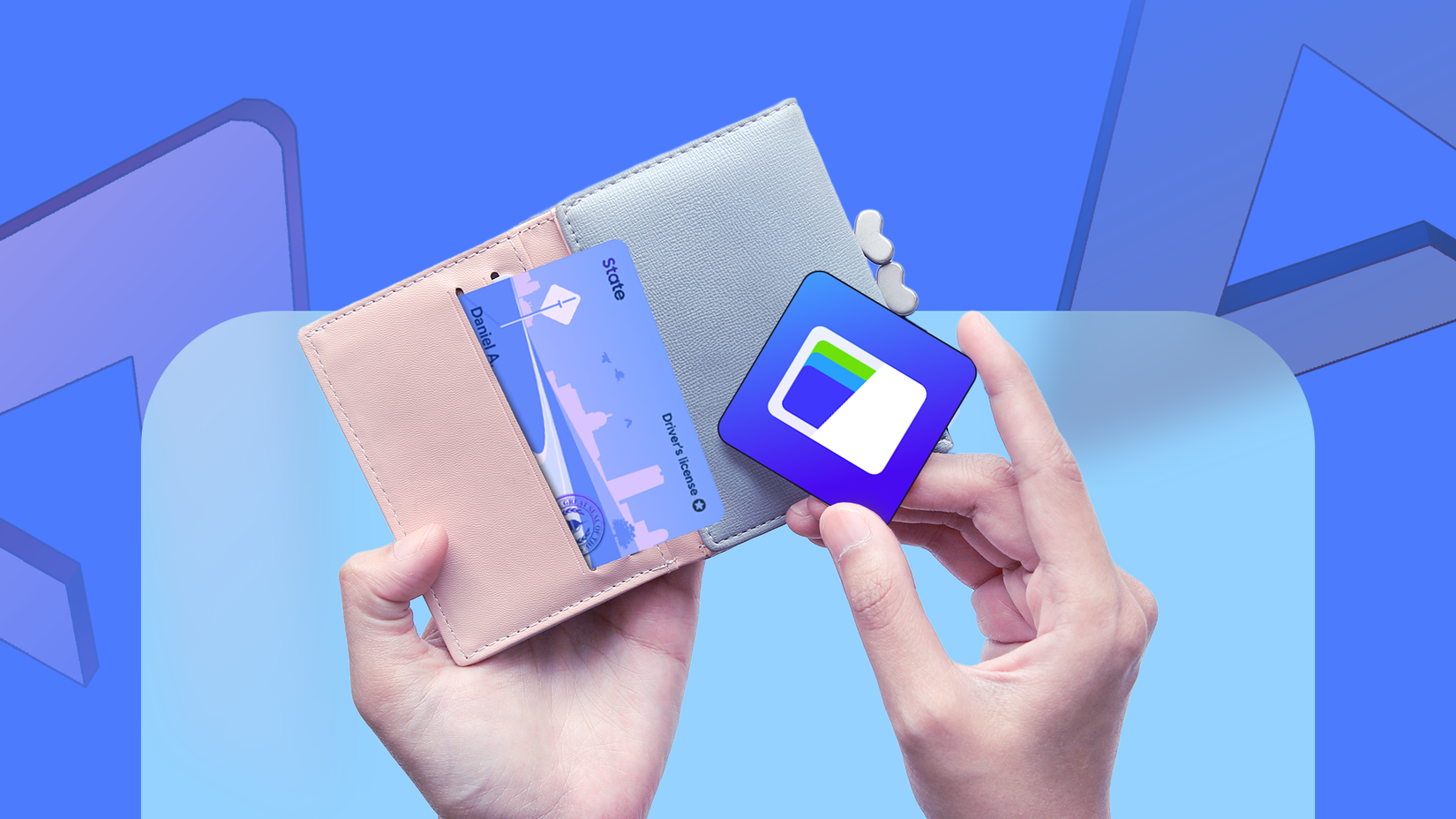 Uma pessoa segura uma carteira aberta com um cartão de identificação físico dentro enquanto a outra mão segura um ícone do aplicativo Samsung Wallet
