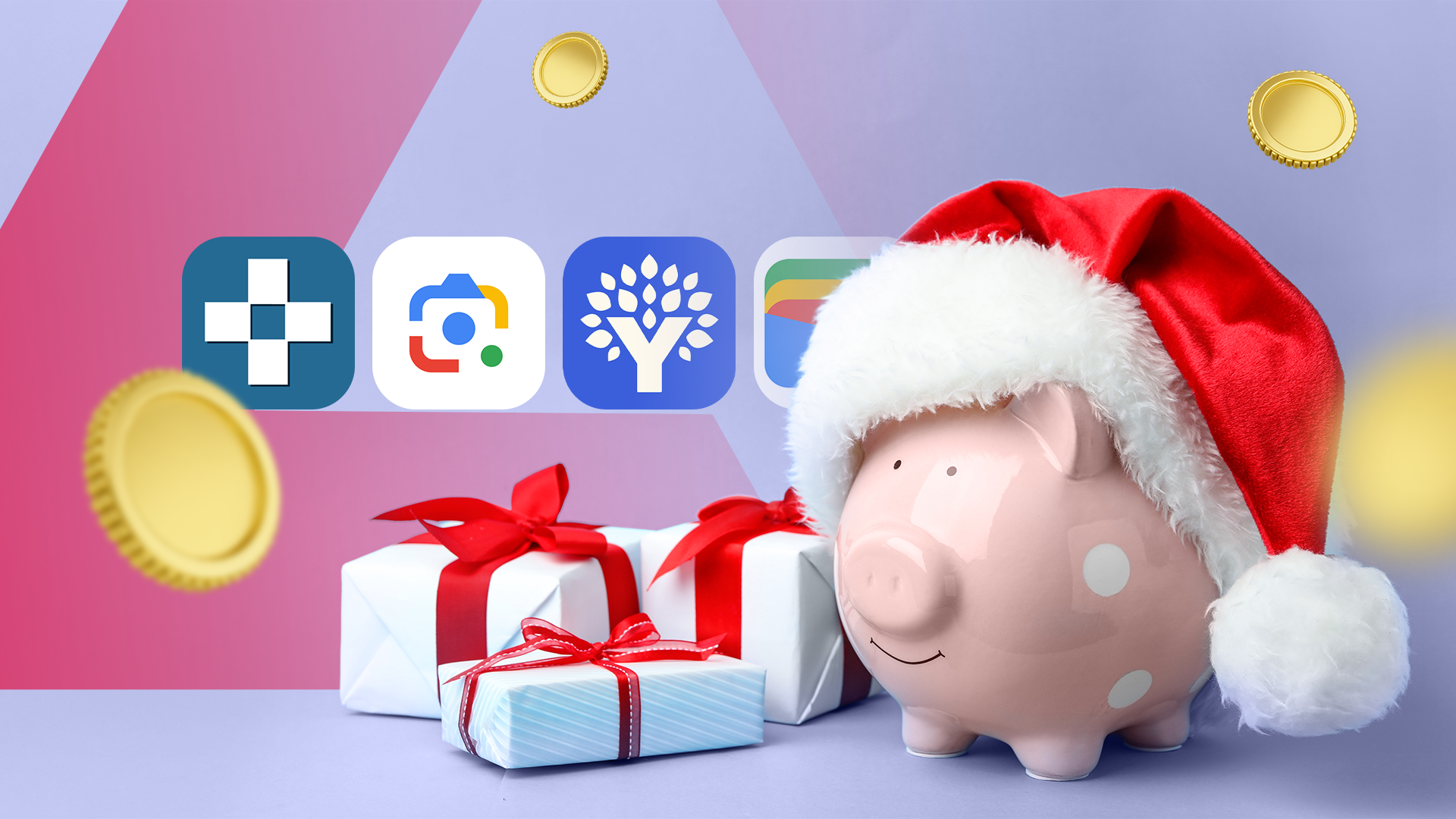 A pink piggy bank wearing a Santa hat surrounded by wrapped holiday gifts, with floating gold coins and icons of Android budgeting and shopping apps.