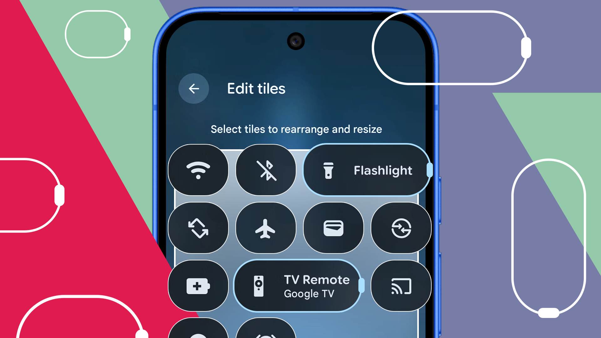 A Pixel phone showing the 'Edit tiles' screen in Android, with Quick Settings tiles in various sizes.