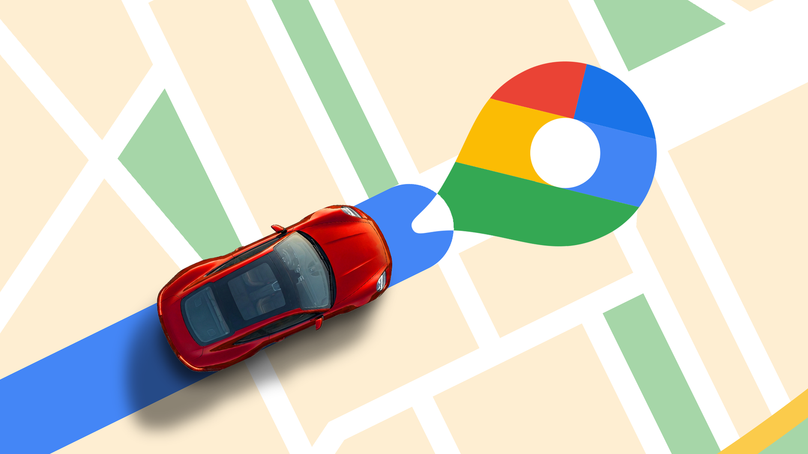 Um carro vermelho seguindo uma rota de navegação azul em direção a um alfinete de localização do Google Maps em um mapa estilizado.