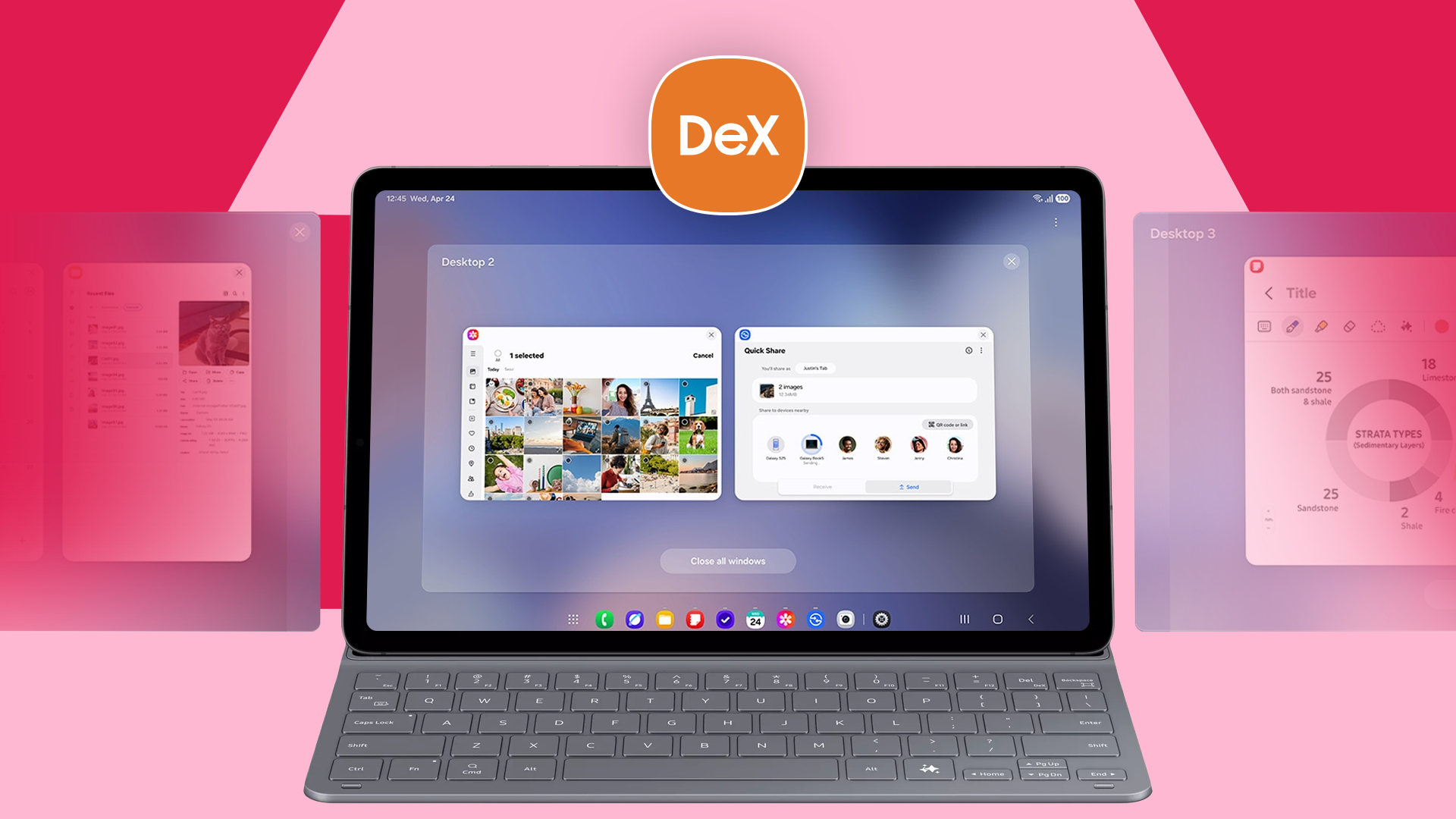 A Samsung tablet running DeX displays multiple desktop-style windows on its screen, with the DeX logo above it and blurred app windows floating on both sides.