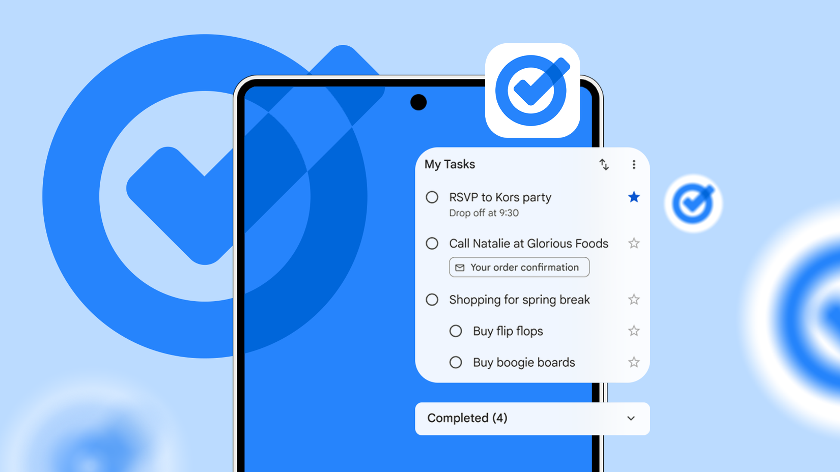 Um smartphone exibindo uma interface do Google Tasks cercada por ícones flutuantes de marcas de seleção azuis.