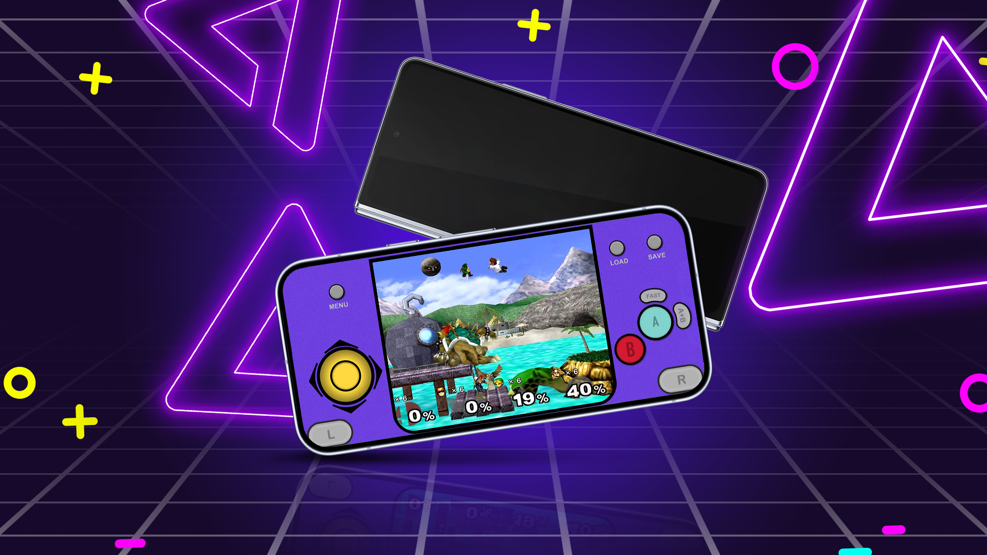 A smartphone emulating a retro handheld console, against a neon, retro-style background.