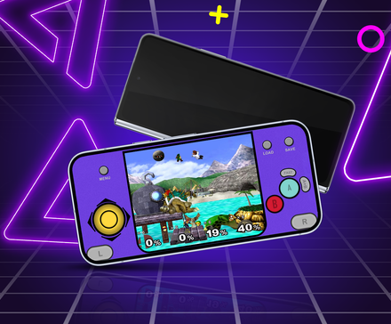 A smartphone emulating a retro handheld console, against a neon, retro-style background.
