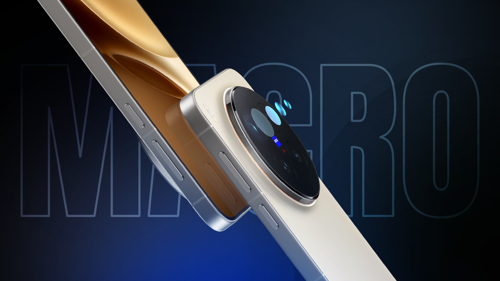 A smartphone featuring the text MACRO in the background and stylized optical lens elements.