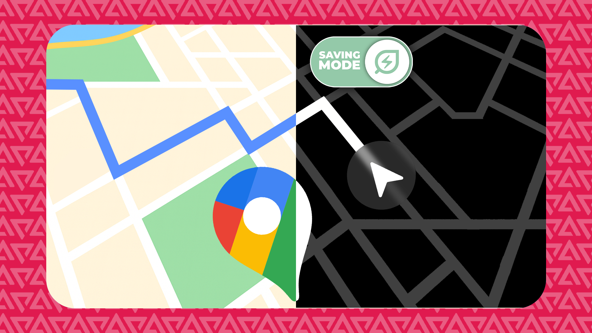 A split illustration of Google Maps showing light mode on the left and dark saving mode on the right with a 'Saving Mode' toggle switch at the top