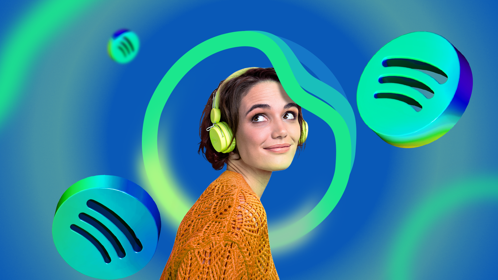 A woman wearing headphones with a Spotify DJ icon behind her at the center, surrounded by floating 3D Spotify logos.