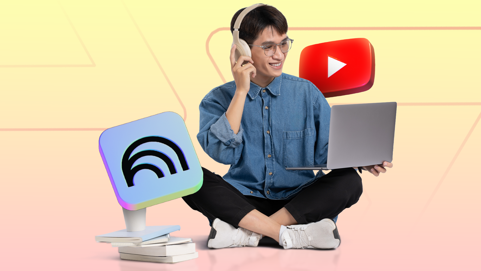 Как я использую Gemini Notebook для обработки видео на YouTube Молодой человек с ноутбуком и наушниками на фоне парящих логотипов YouTube и NotebookLM