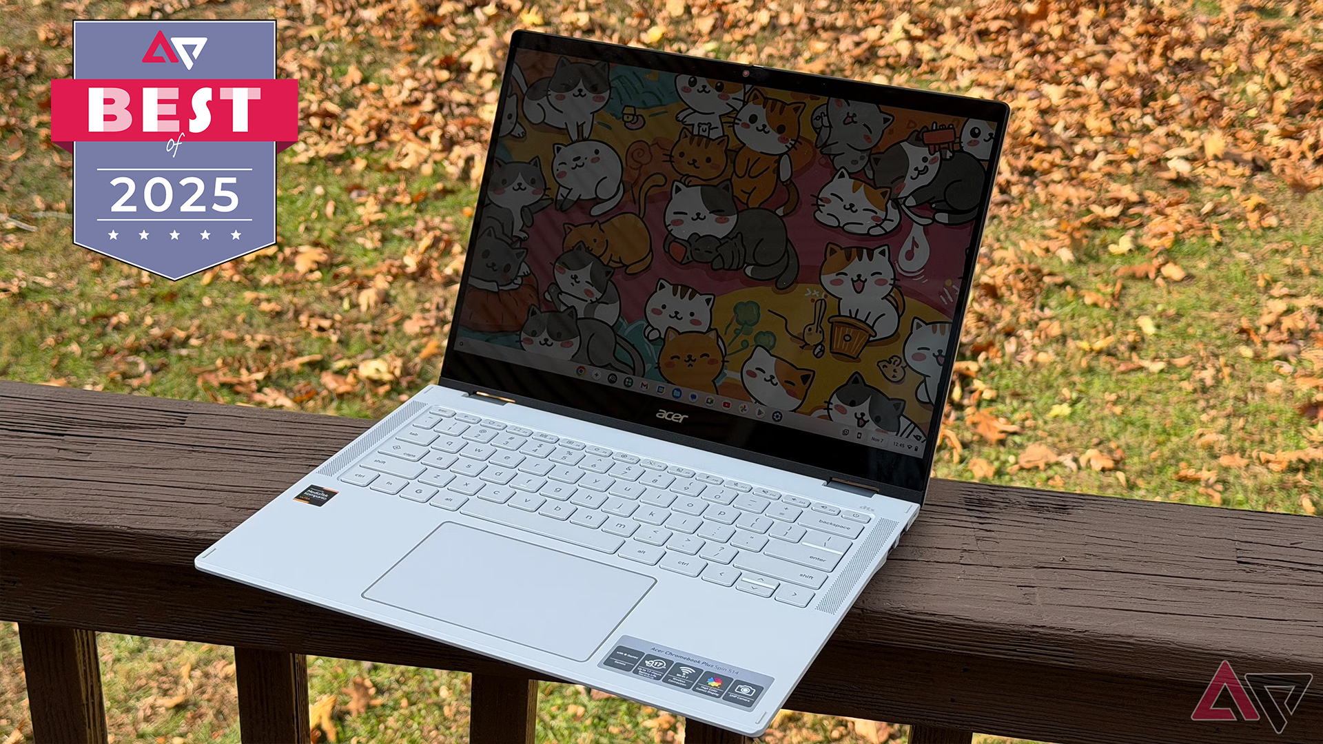 Acer Chromebook Plus Spin 514 sitting out on a deck.