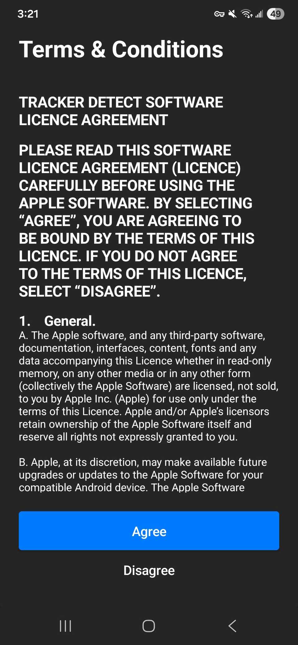 Terms of Conditions with Agree and Disagree in the Tracker Detect app