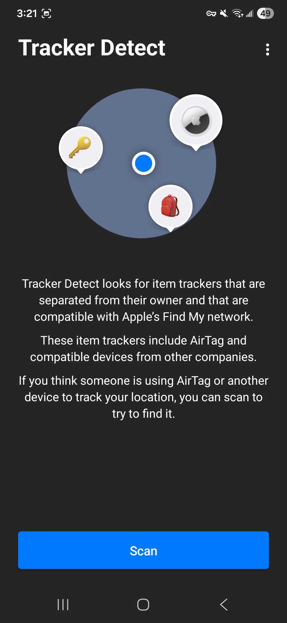 Tracker Detect app showing the Scan button