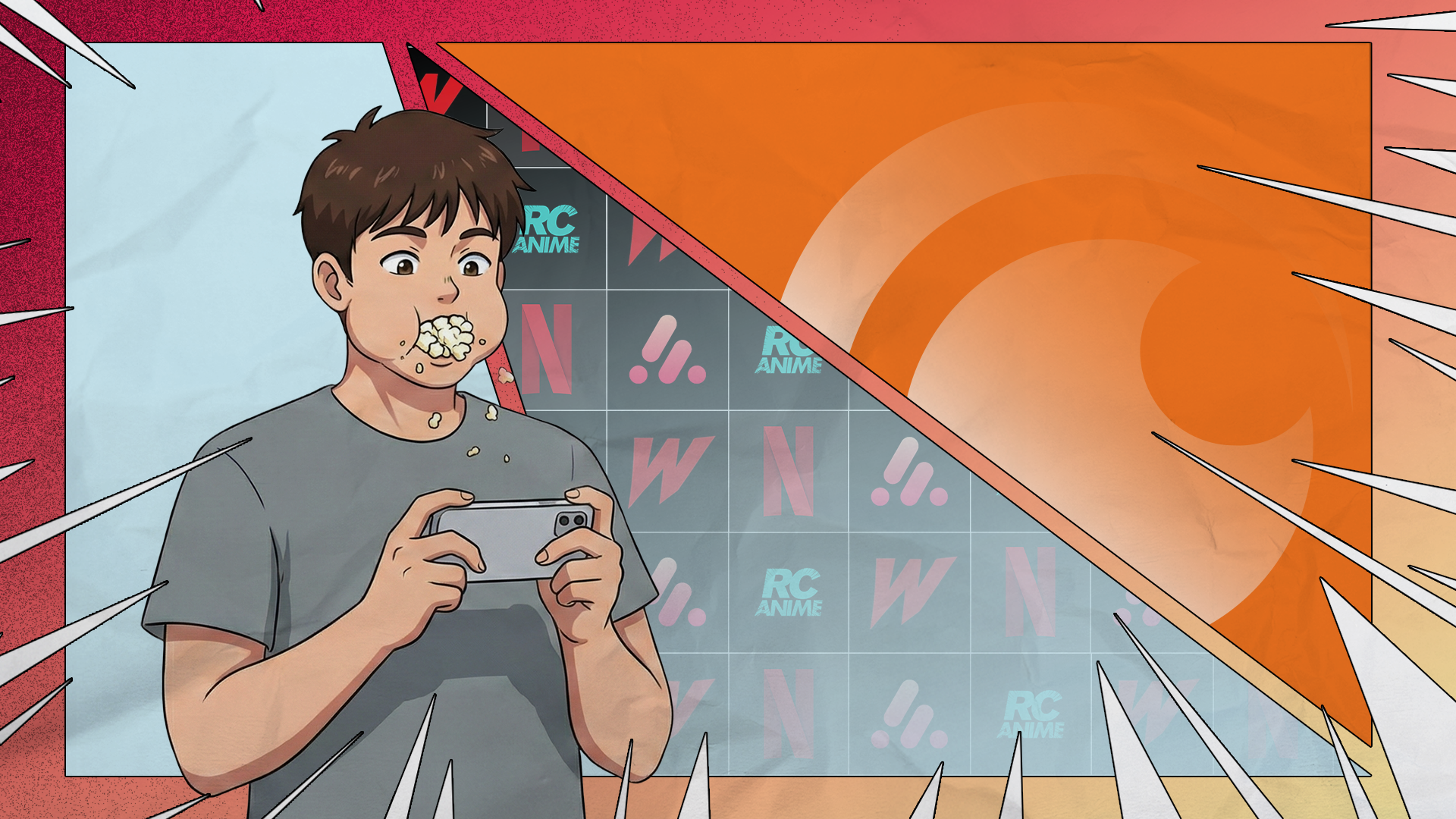 An anime-style man eating popcorn while looking at a smartphone, set against a split background featuring the Crunchyroll logo on the right and Netflix and other streaming logos on the left.