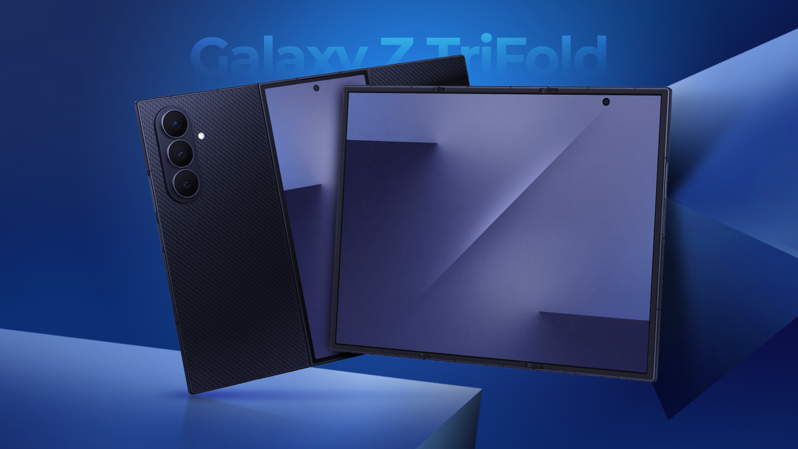 An unfolded Samsung Galaxy Z TriFold with a large blue screen and triple rear cameras